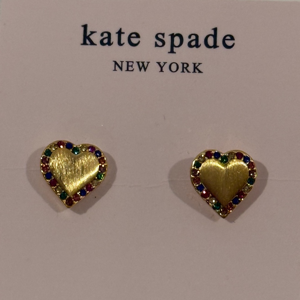 kate spade Gold Heart Stud Earrings with Multicolor Gems NWT